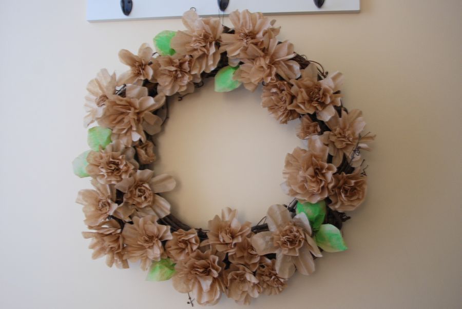 Large coffee filter wreath in the hallway.