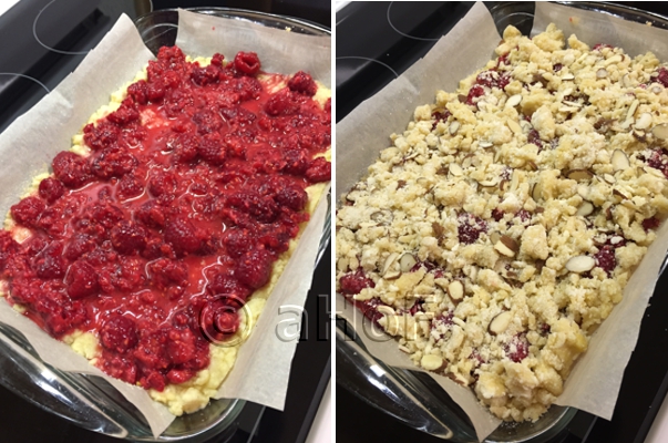 Assembling, bar dessert, layered dessert, raspberries