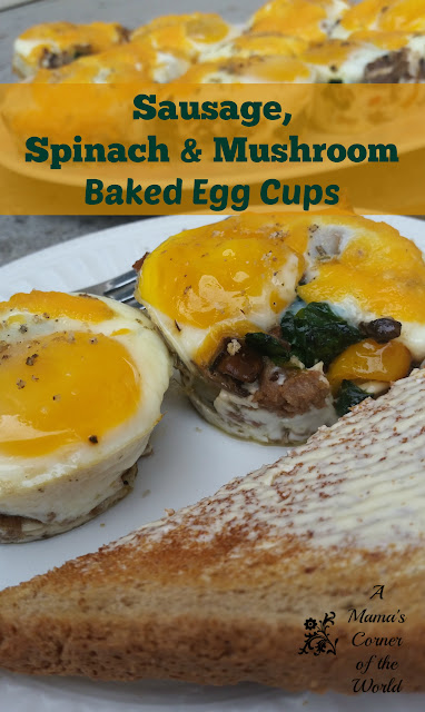 pinnable image for sausage spinach and mushroom baked egg cups recipe