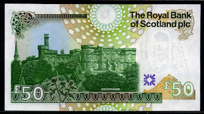 Royal Bank of Scotland currency Scottish bank notes 50 Pounds Sterling banknote Inverness Castle