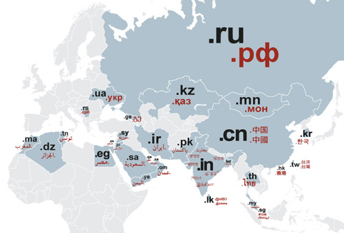 Mapa por país de las extensiones de nombres de dominio internacionalizados
