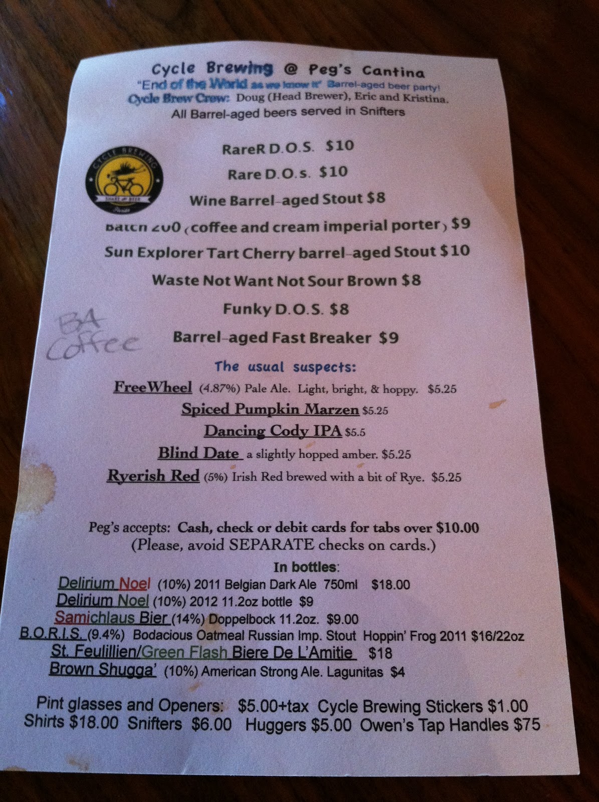 Beer Barrel Printable Menu