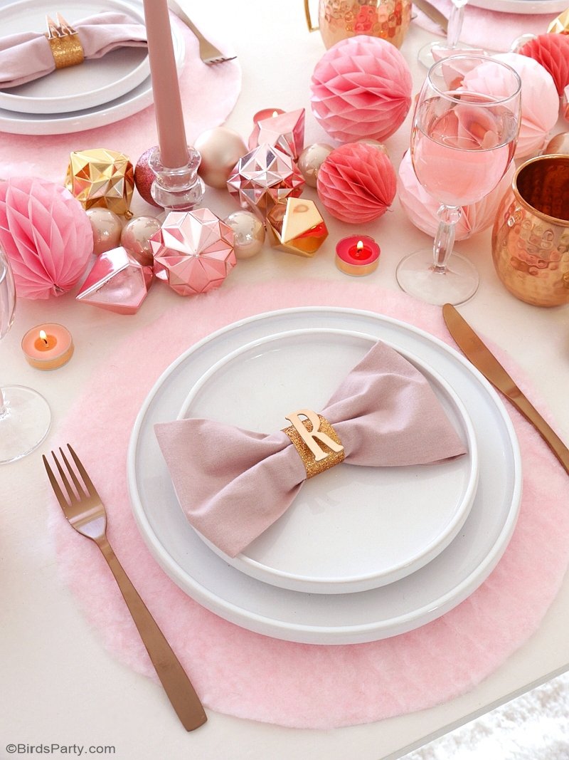 DIY No-Sew Pink & Fluffy Table Place Mats - learn to craft these pretty, quick and easy place-mats for your holiday tablescapes or party tables! by BirdsParty.com @birdsparty #diy #diyplacemats #diychristmastabledecor #diychristmas #christmastable #christmascrafts #pinkchristmas #pinkplacemats