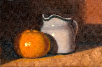Oil painting of a mandarine beside a white porcelain milk jug.