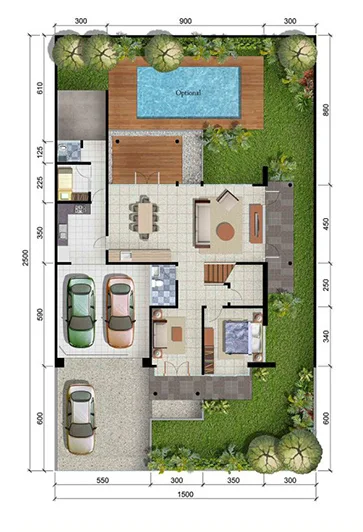LINGKAR WARNA: Denah Rumah Minimalis Ukuran 15x25 Meter 5 Kamar Tidur 2 Lantai + Tampak Depan