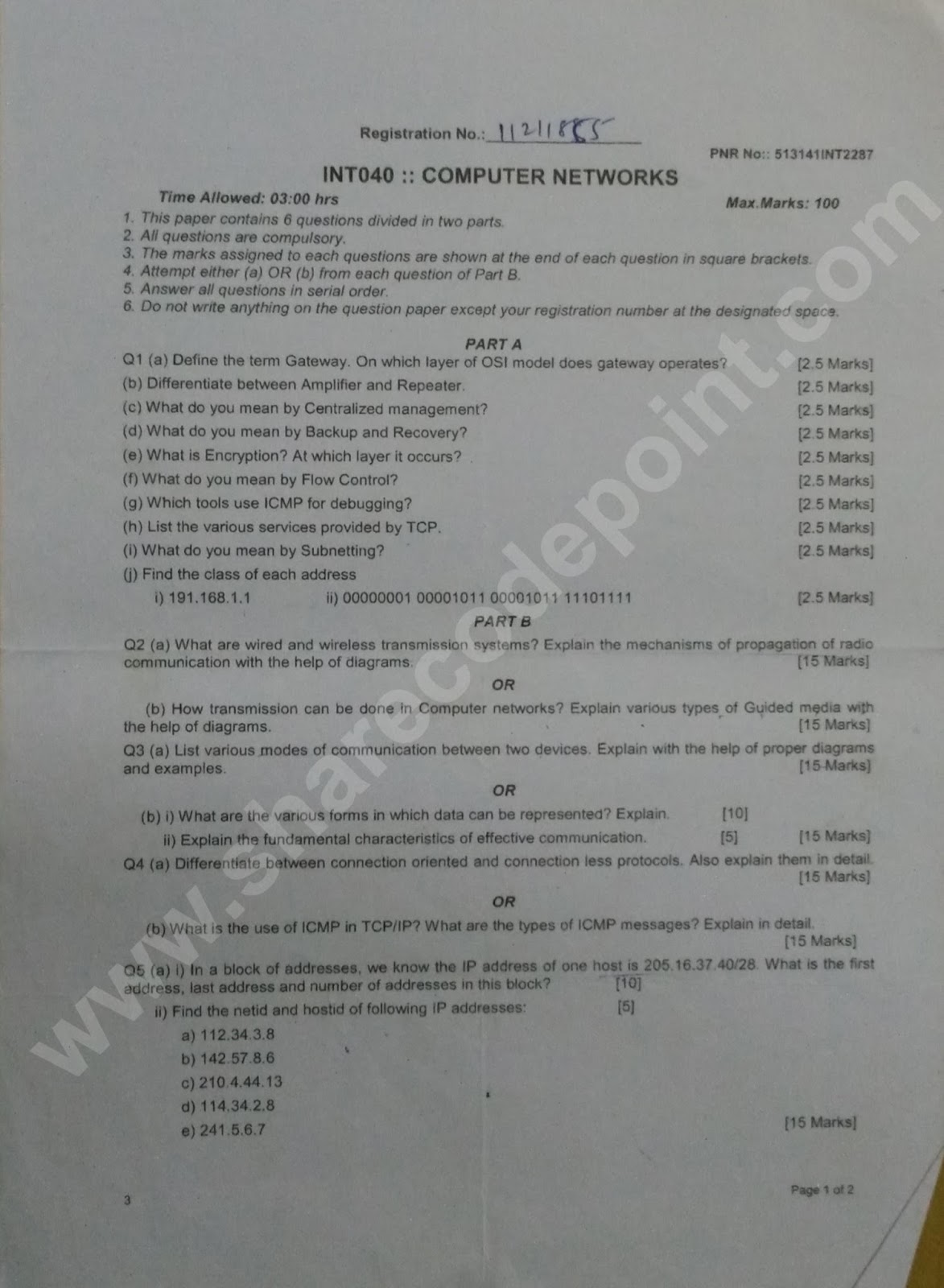 INT040 Computer Networks End Term Question Paper INT 040 LPU