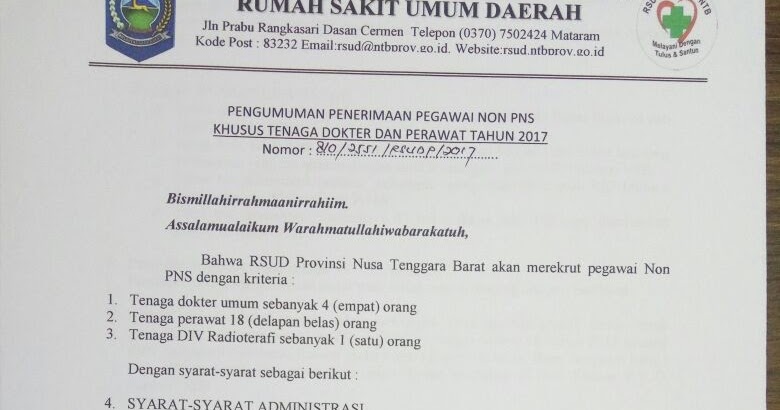 Penerimaan Pegawai NON PNS RSUD Provinsi Nusa Tenggara Barat Tahun 2017