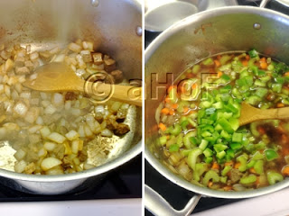 browned meat, soup, vegetables,