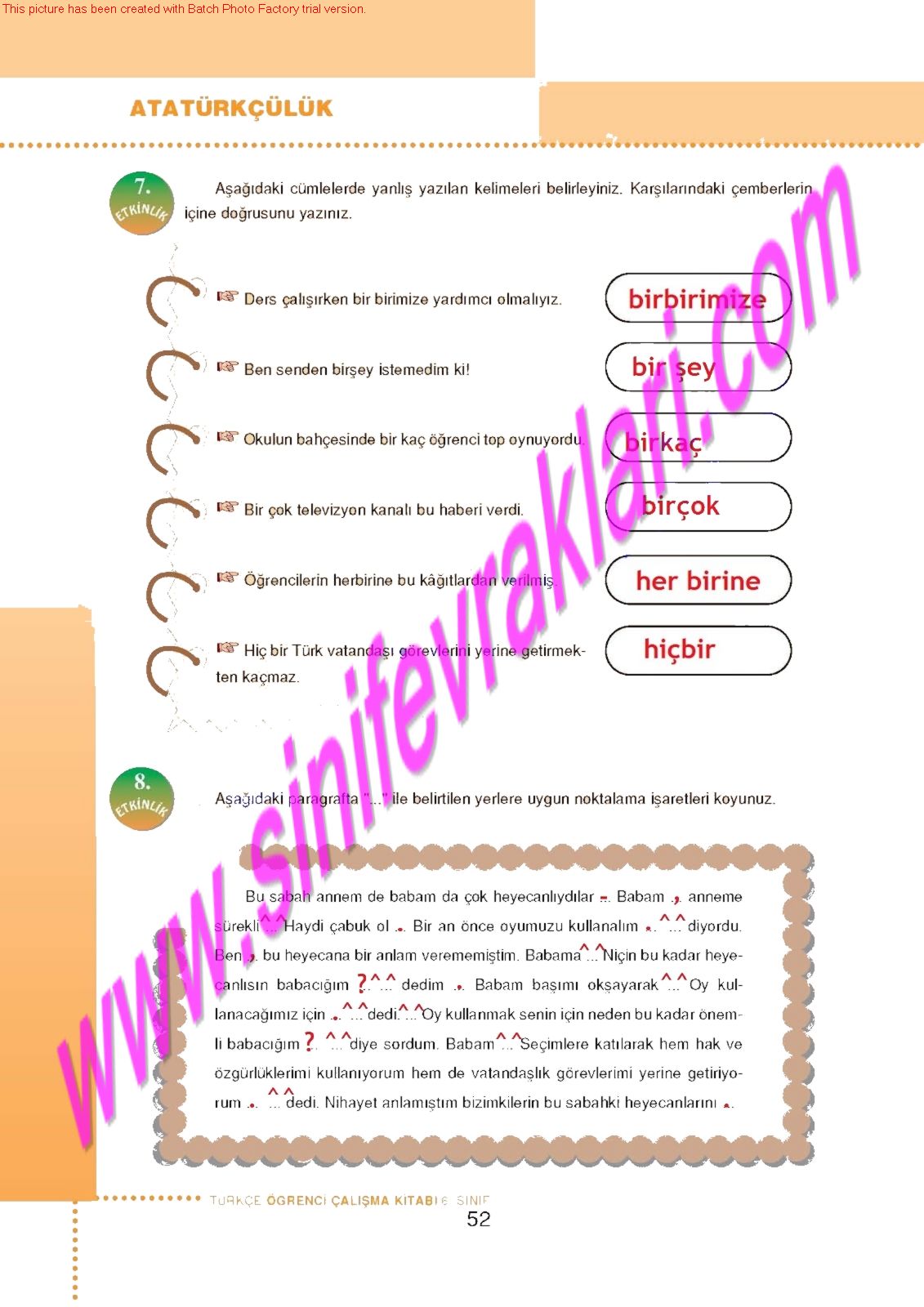6.Sinif Turkce Doku Yayinlari Ogrenci Calisma Kitabi Sayfa 52 - Ders