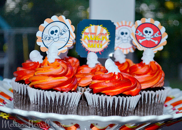 party toppers for rocker party, cupcakes, skull, rock on, orange stripes