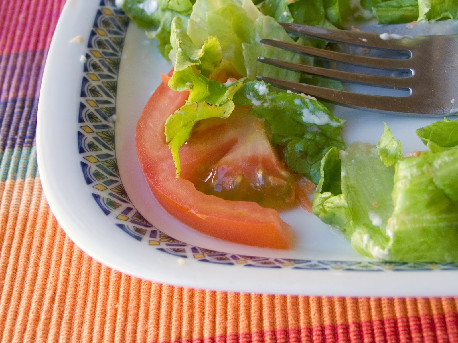 salad, tomato, lettuce, meal, fork, dressing