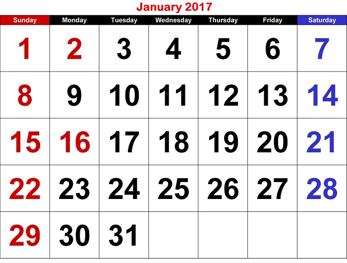 January 2017 Calendar Printable January 2017 Calendar Printable
