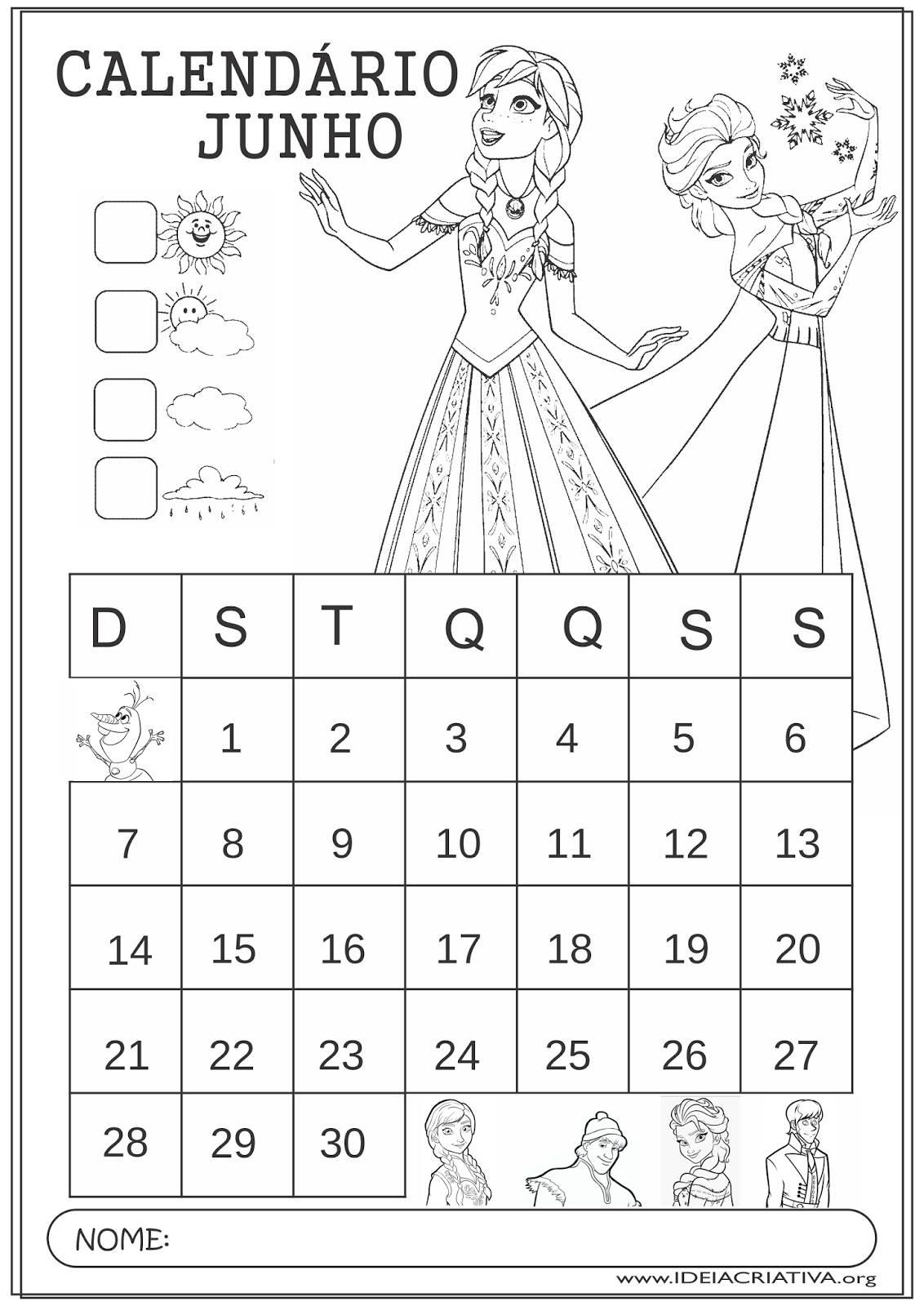 Calendário Junho 2015 Frozen Educação Infantil para Colorir