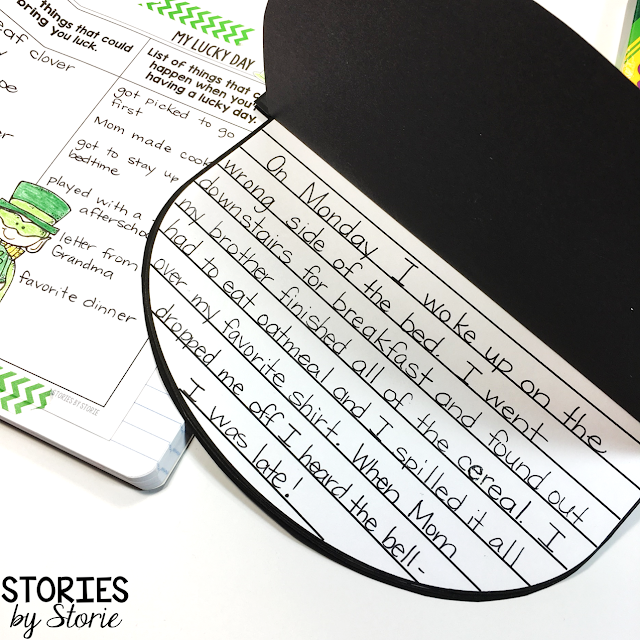 Then we spend time choosing our events and writing our stories. When the stories are finished, it’s fun to put them inside a pot of gold craft to create a booklet. You can find these booklets here.
