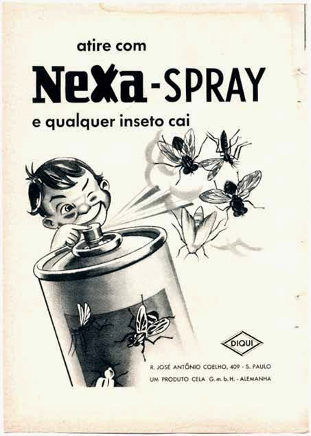 Propaganda do inseticida Nexa-Spray apresentado nos anos 50. Campanha com uma criança manuseando o produto.