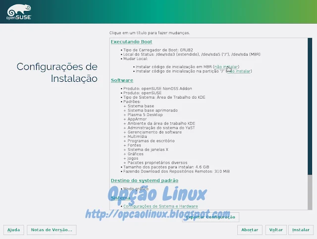 Configurações da instalação Configurações da instalação
