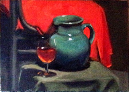 Oil painting of a large blue jug beside a glass of tea (masquerading as a glass of wine) and in front of a wooden chair covered with red drapery.