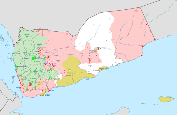 Map Attribute: Yemen: 2015 Civil War map. The section in green is controlled by the Houthis / Source: 0ali1, via Wikimedia Commons, CC BY-SA