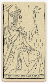 Queen of Wands card - inked illustration - In the spirit of the Marseille tarot - minor arcana - design and illustration by Cesare Asaro - Curio & Co. (Curio and Co. OG - www.curioandco.com)