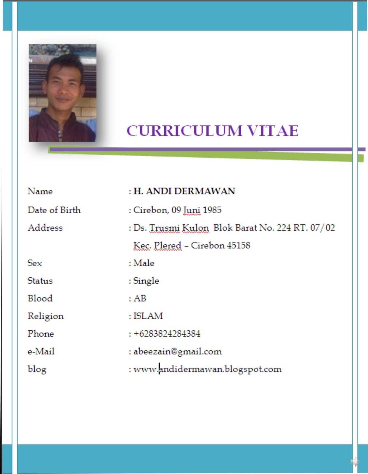 Contoh Curriculum Vitae Bahasa Inggris Curriculum Vitae 