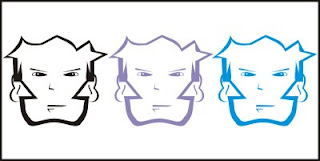 Rosto de personagem em preto, branco, azul bebê e ciano (desenho)
