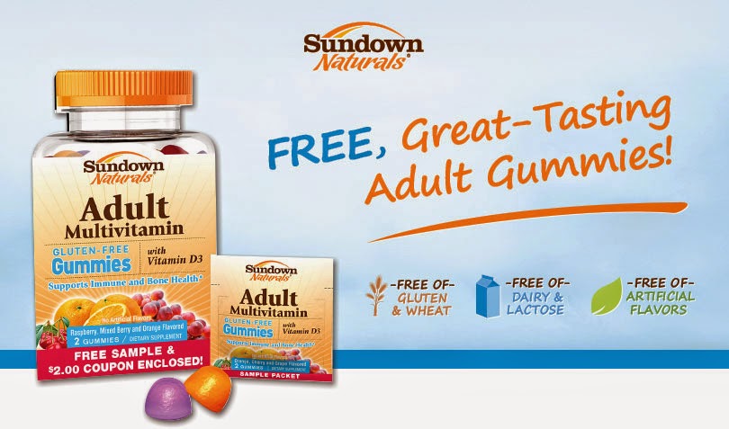 un paquet d'échantillon gratuit pour adultes multi Gummy en plus d'un coupon de 2,00 $ à tout produit Sundown Naturals adultes Gummy