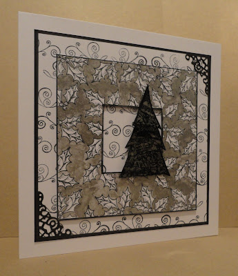 Black, white and silver Christmas card, with silver mica holly frame and acetate collage Christmas tree