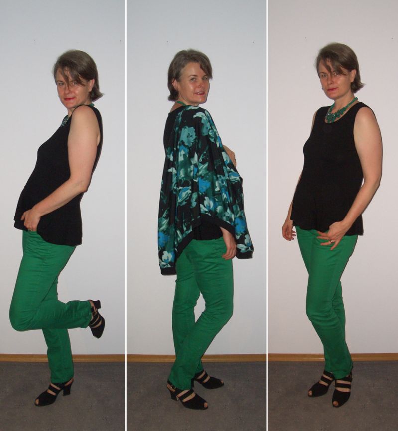 Peplumshirt mit Blouson und grüner Jeans kombiniert
