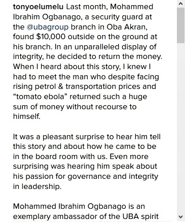 Billionaire Mogul, Tony Elumelu, Writes About His Security Man Who Returned $10,000 He Found (Photos)