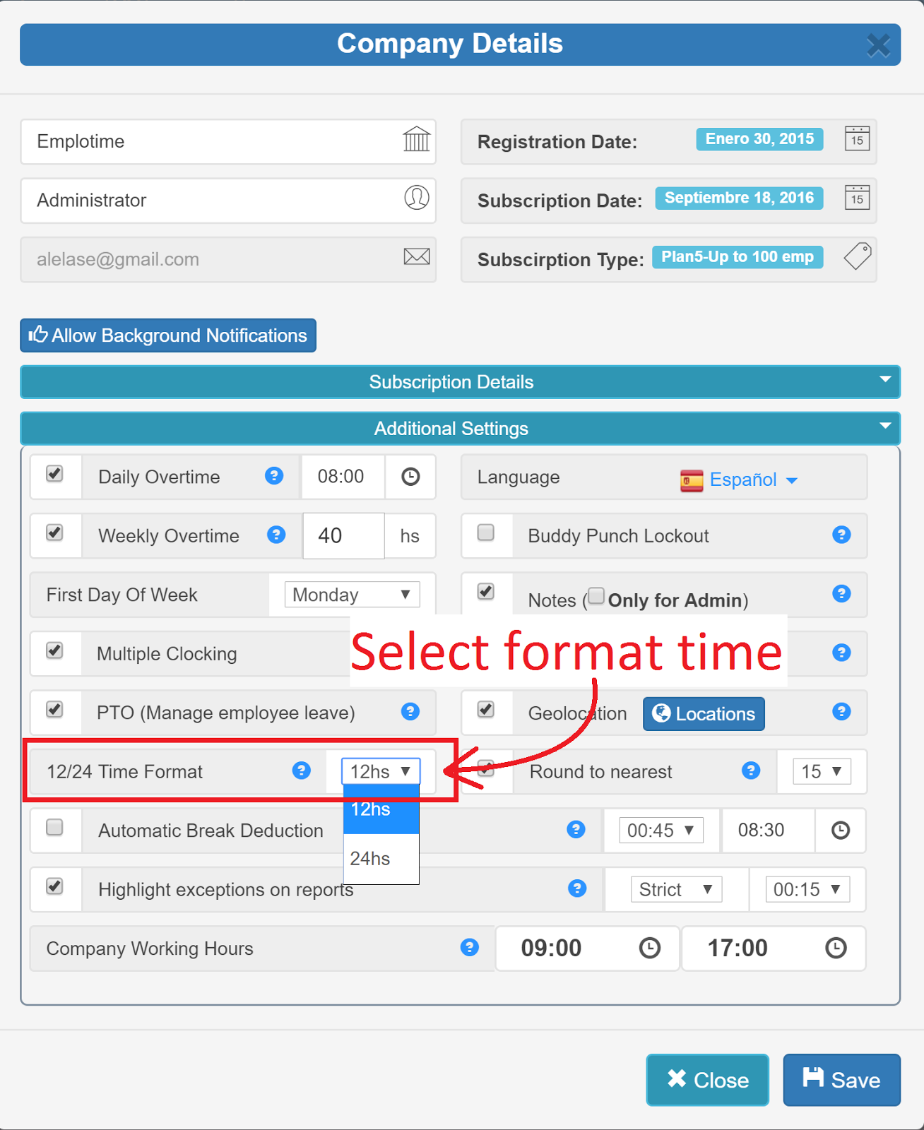 Time Clock Time Format