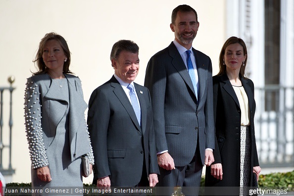 Queen Letizia of Spain and King Felipe VI of Spain receives the President of Colombia Juan Manuel Santos and Maria Clemencia Rodriguez de Santos at El Pardo Royal Palace