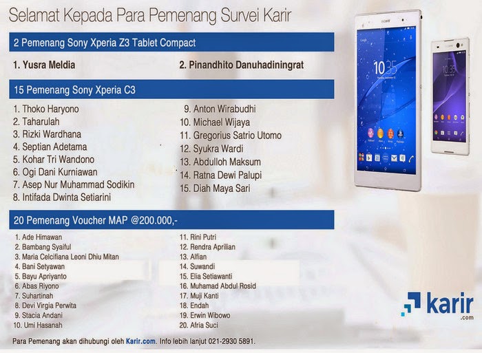 Pemenang Survey Karir.com Hadiah 2 Sony Z3 Tablet Compact