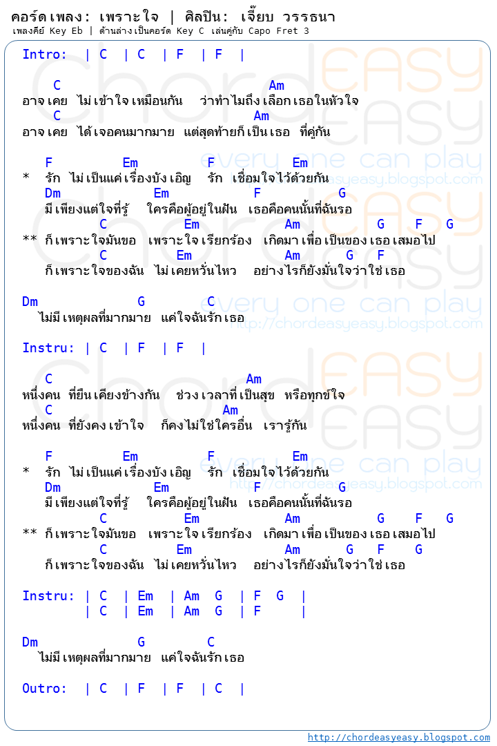 คอร์ดเพลง เพราะใจ - เจี๊ยบ วรรธนา คอร์ดเพลง: เพราะใจ | ศิลปิน: เจี๊ยบ วรรธนา | คอร์ดง่าย Key C | คอร์ด เพราะใจ | คอร์ดเพลง | คอร์ดกีตาร์ | Ukulele | เนื้อร้อง | เนื้อเพลง เพราะใจ |