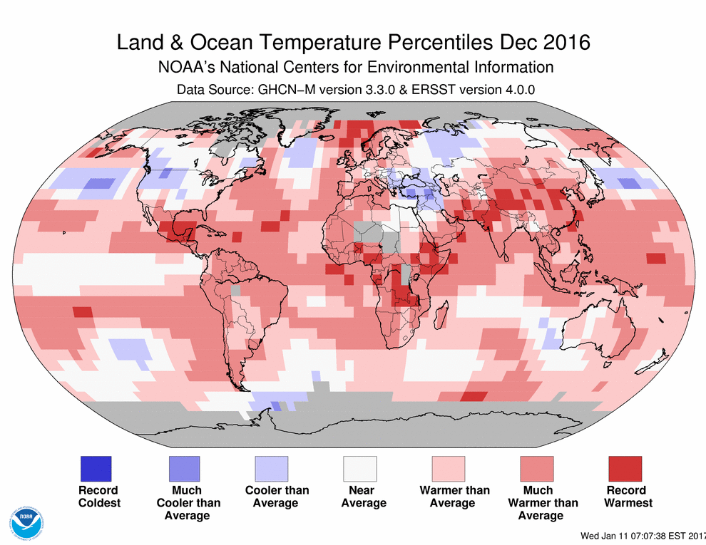 Land and ocean temperature percentile for December 2016