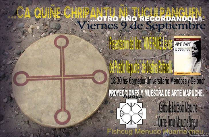 Afiche color de la presentación del libro ¨AIME PAINE¨la voz del Pueblo Mapuche.