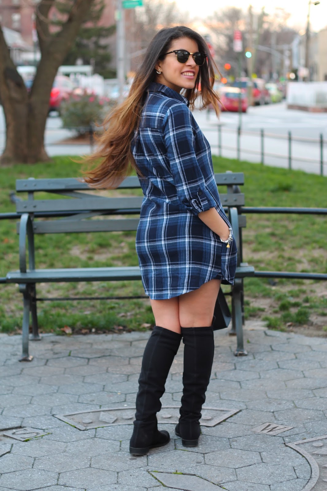Plaid Flannel Shirt Dress & Kneehigh Boots. New York Petite