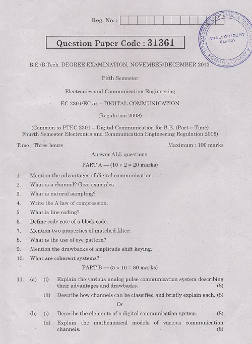 EC2301 Digital Communication Nov Dec 2013 Past Exam Paper University