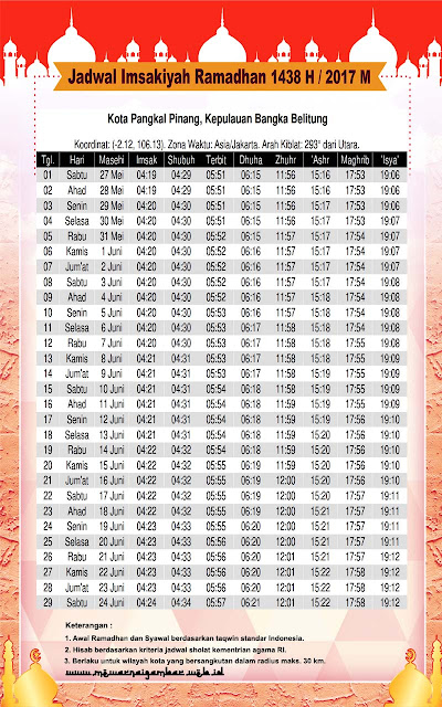 Jadwal Imsakiyah Ramadhan 1438 H / 2017 M Untuk Kota Pangkal Pinang