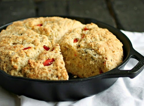 Cheesy Roasted Red Pepper Skillet Soda Bread