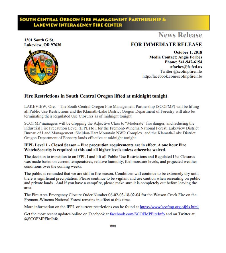South Central Oregon Fire Management Partnership Fire Restrictions in