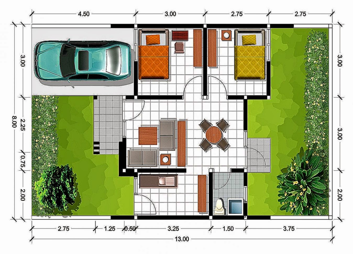 Gambar 16 Denah Rumah 3 Kamar Tidur Minimalis 3d Desain 