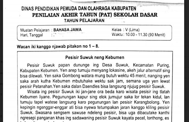 Soal Ulangan Bahasa Jawa Kelas 5 Semester 2 K13 - SekolahDasar.Net