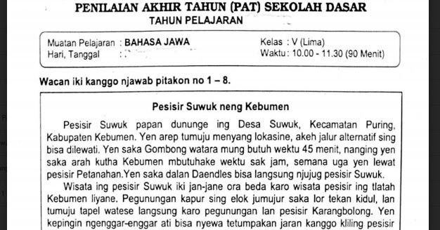 Soal Ulangan Bahasa Jawa Kelas 5 Semester 2 K13 Sekolahdasar Net