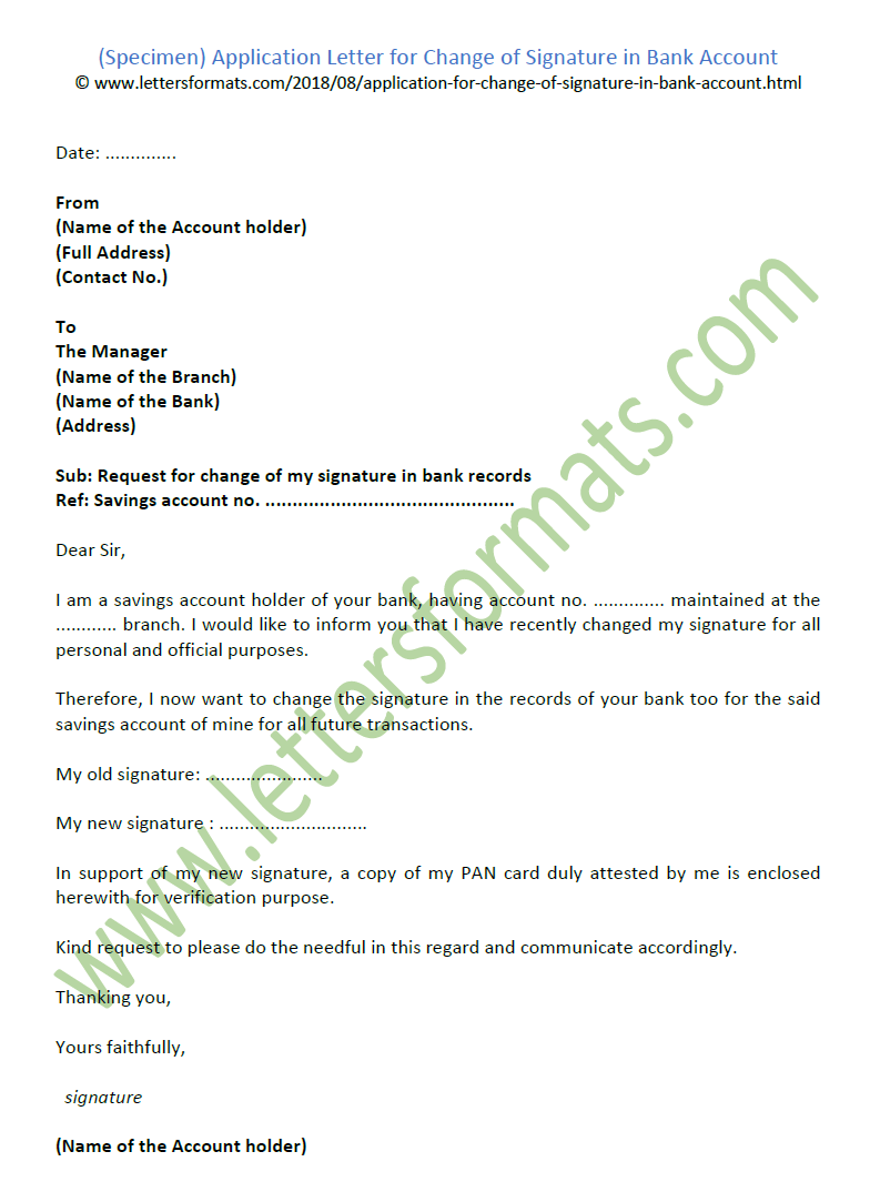 Application Letter For Change Of Signature In Bank Account Sample