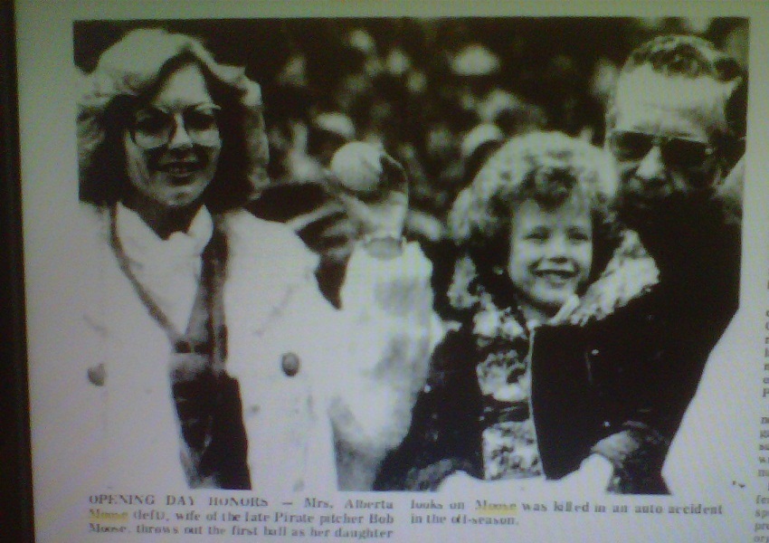 Alberta Moose throws out first pitch of 1977 season as April and Bob Sr look on