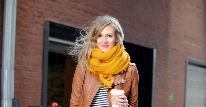 Street style | Brown leather jacket, jeans, yellow scarf | Just a ...