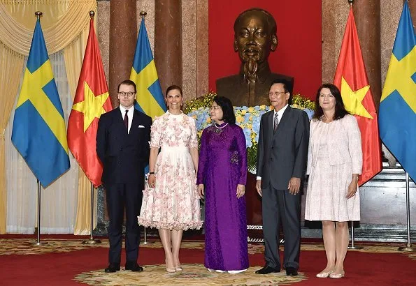 Crown Princess Victoria in Ida Sjostedt govn, Camilla Thulin floral dress and Rodebjer print dress. President Dang Thi Ngoc Thinh