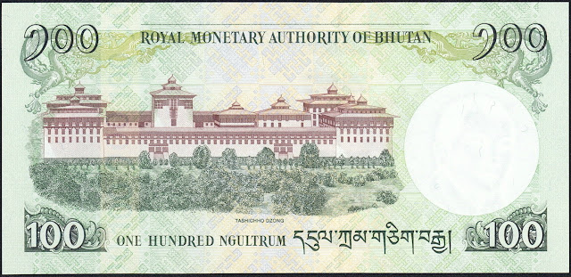 Bhutan Currency 100 Ngultrum banknote 2011 Tashichho Dzong