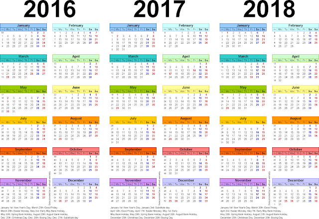 2016/2017/2018 Calendar Word Excel Free Download, Three year calendars for 2016/2017/2018 Monthly, 2016/2017/2018 Printable Calendar template, 2016/2017/2018 Calendar with Holidays Cute