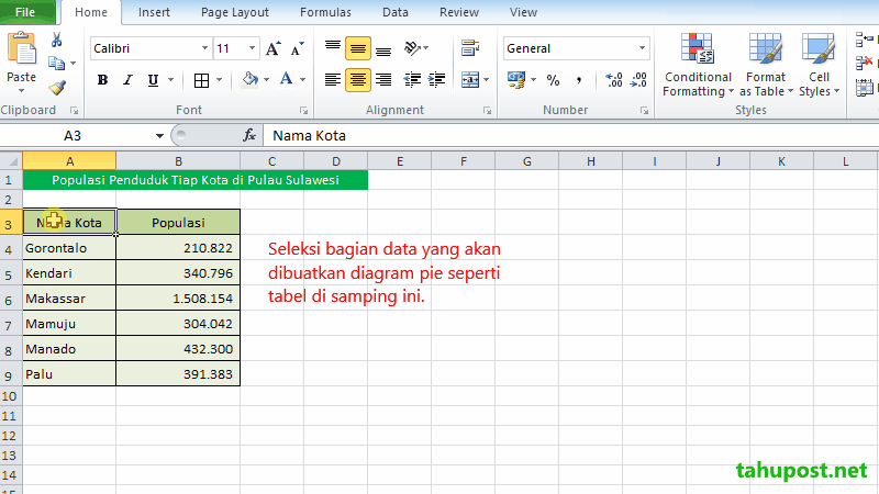Menyorot atau menyeleksi data tabel di Microsoft Excel untuk membuat diagram pie